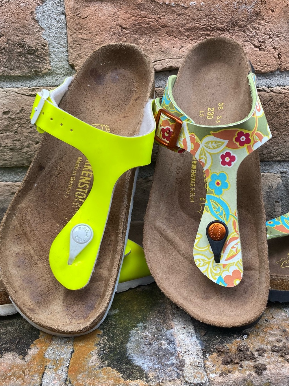 LOT 2 Pre-owned Birkenstock Neon Yellow and Floral Gizeh Thongs 36/5 Women’s
